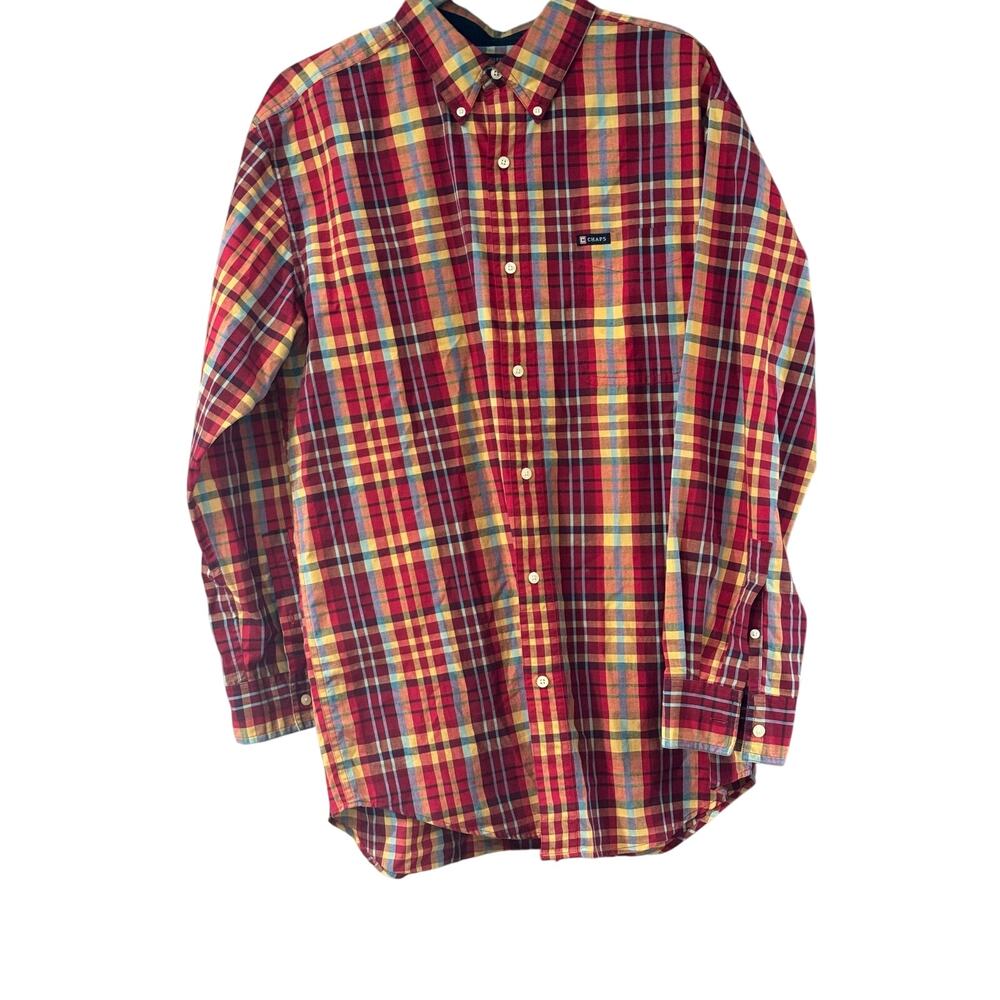 Chaps Easy Care Plaid Button Down Shirt Men’s L Red Multicolor Cotton Blend